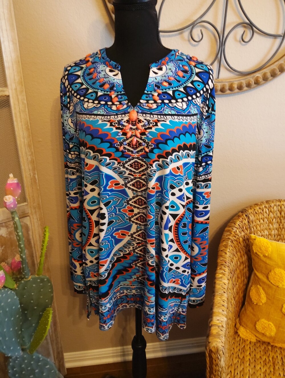 Madison Blue & Orange Printed Long-Sleeve Tunic Top